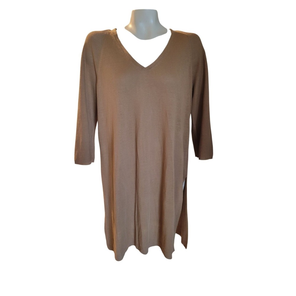 J. Jill Womens M Tan V-Neck Long Sleeve Lightweight Linen Blend Tunic Top Casual